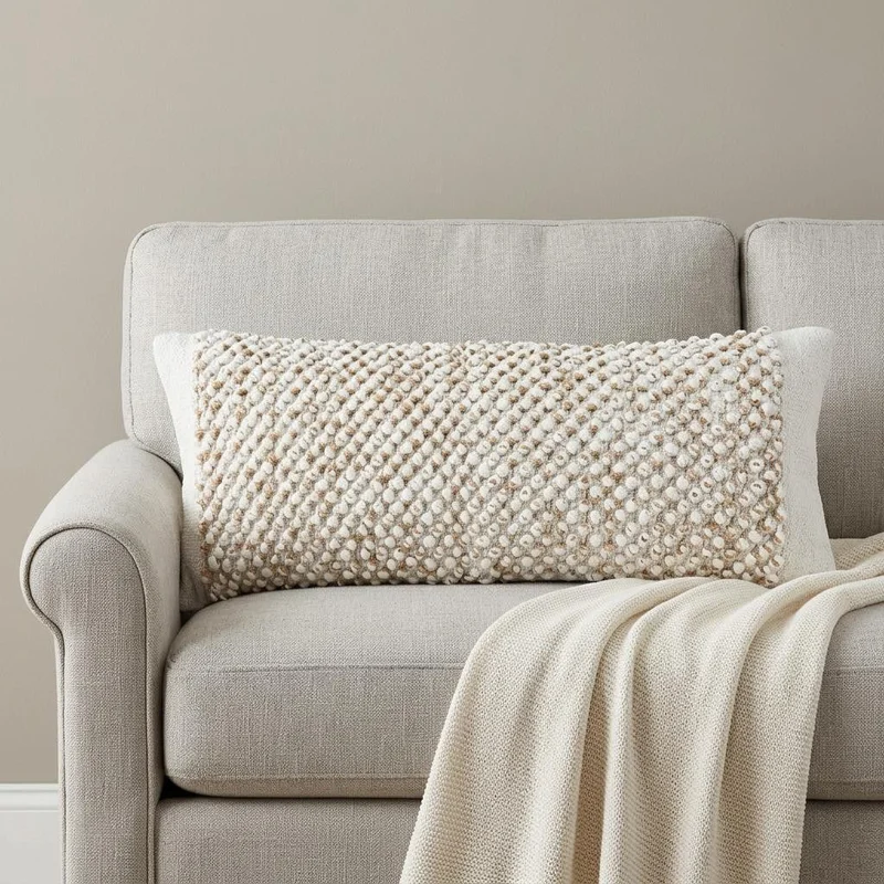 14 X 36 White And Beige Lumbar Geometric Cotton Blend Throw Pillow Cover with Texture