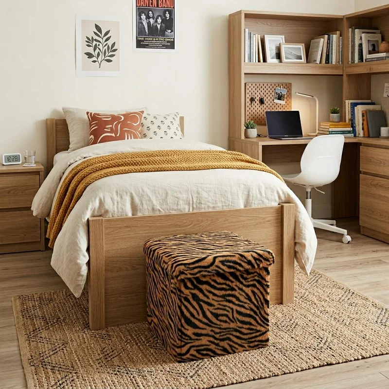 15 Tan and Black Faux Fur Tiger Storage Ottoman