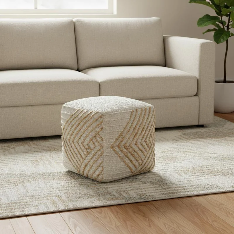 18 Natural and Off White Cotton Jute And Wool Geometric Cube Pouf Ottoman