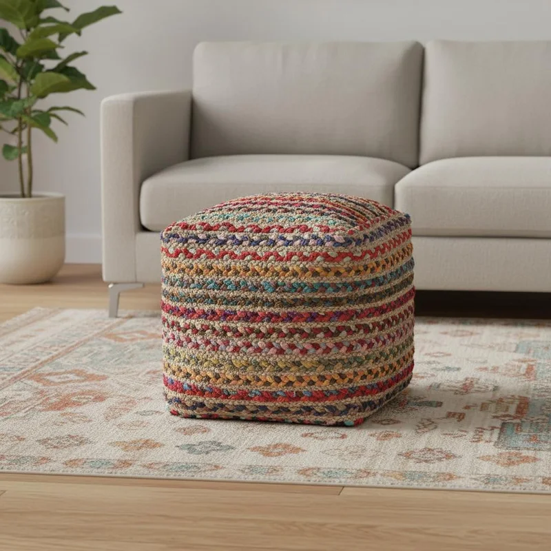 18 Natural and Rainbow Braided Jute And Polyester Striped Pouf Ottoman