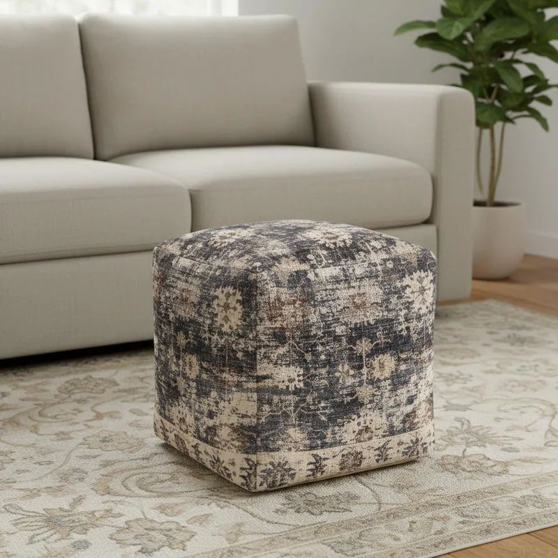 18 Navy Blue and Tan Upholstered Medallion Pouf Ottoman
