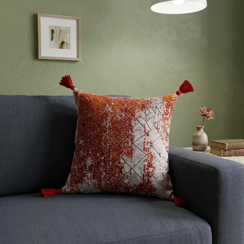 18 Red And Silver Abstract Geometric Viscose Throw Pillow Cover with Tassels