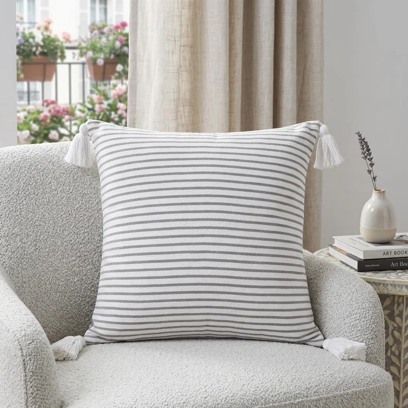 20 Gray And White Striped Cotton Throw Pillow Cover with Tassels