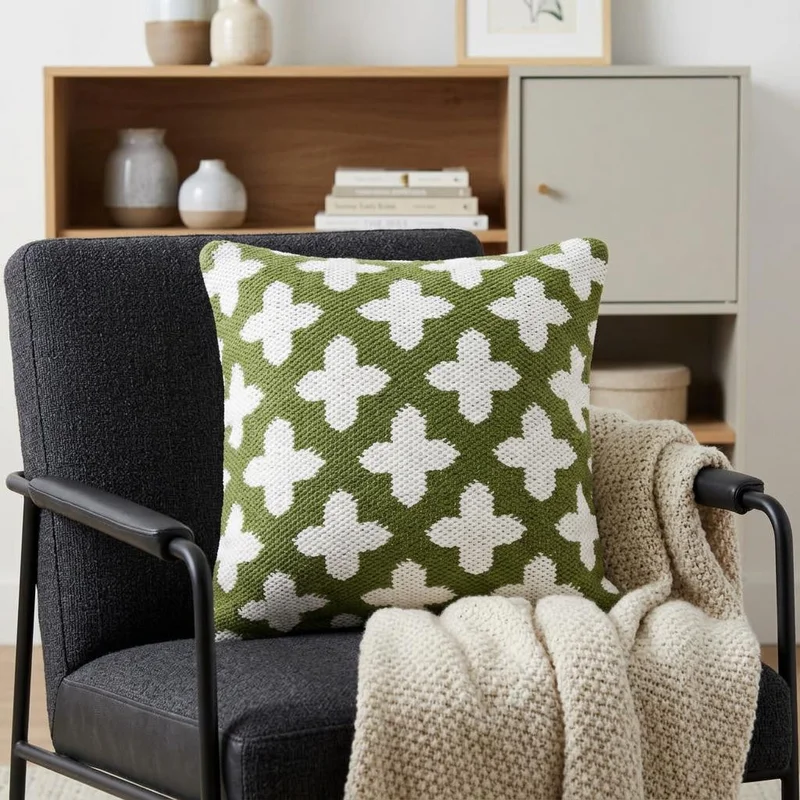 20 Green And White Geometric Cotton Blend Throw Pillow Cover
