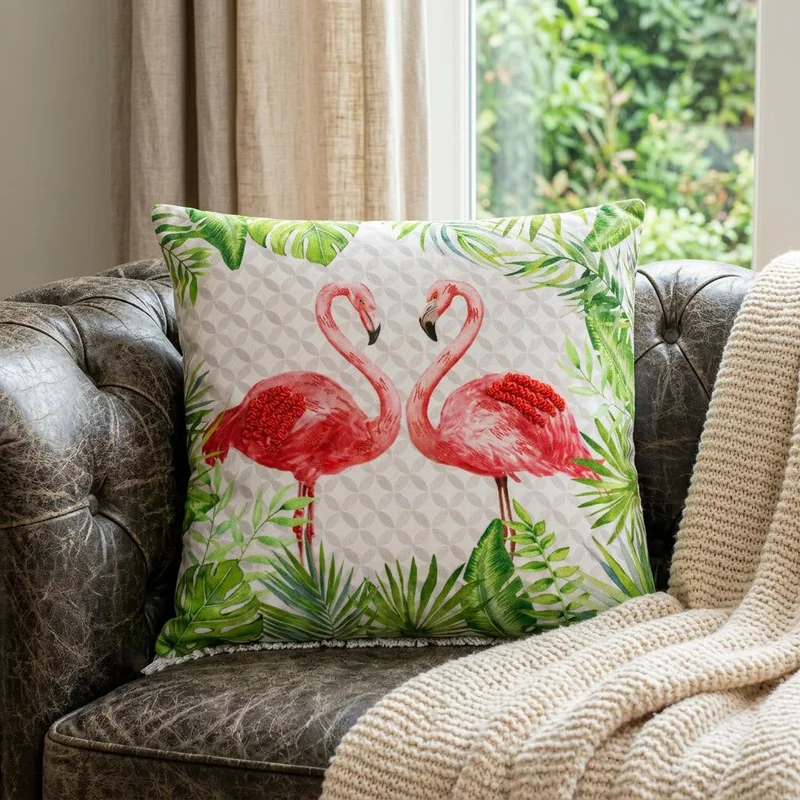 20 Off White Pink And Green Flamingo Throw Pillow Cover with Fringe