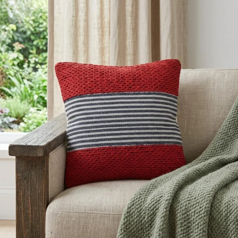20 Red And Blue Striped Cotton Blend Throw Pillow Cover