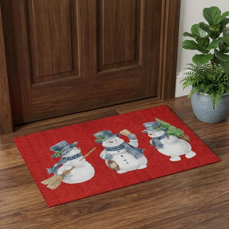 3 X 5 Red And White Christmas Snowmen Washable Area Rug With UV Protection