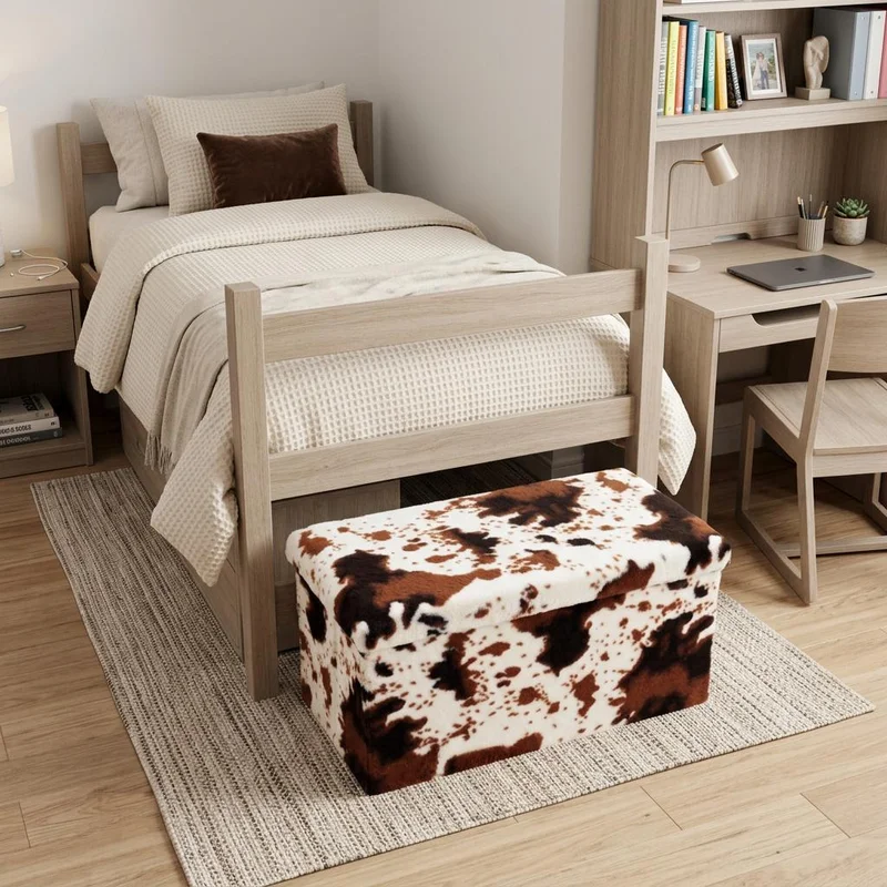 30 White and Brown Faux Fur Cow Print Storage Ottoman
