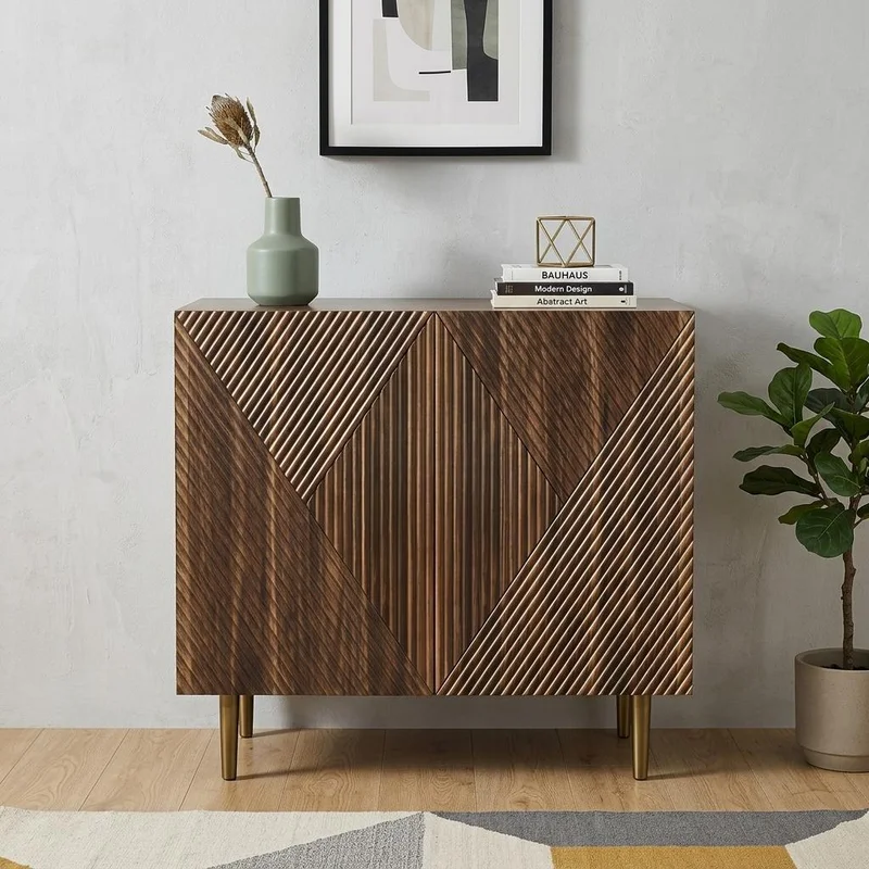 32 Brown Wood Carved Geometric Sideboard With Two Doors