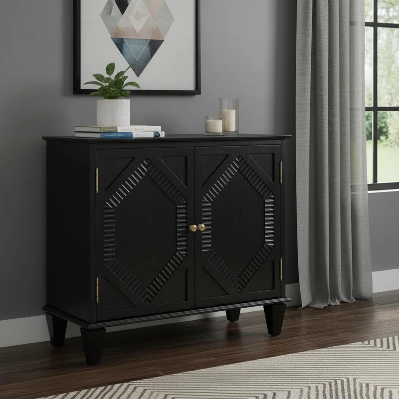 34 Black Wood Carved Geometric Accent Cabinet With Two Doors