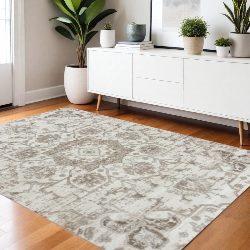 4 X 6 Cream Gray And Light Brown Medallion Area Rug