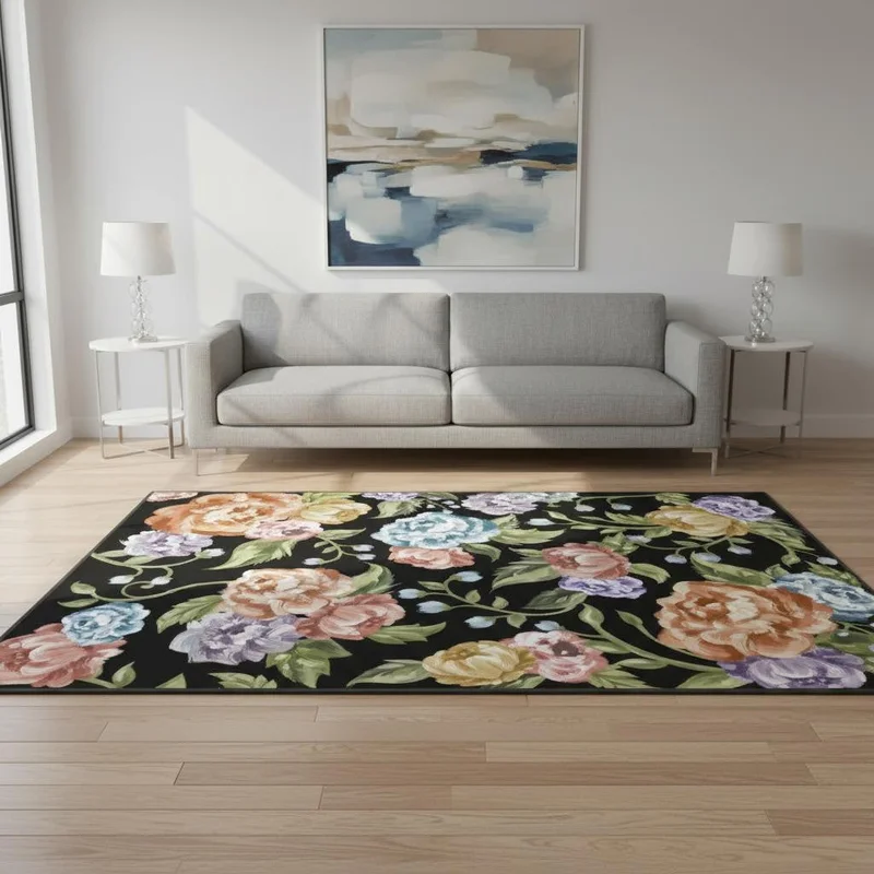 5 X 7 Black Green And Orange Floral Washable Area Rug
