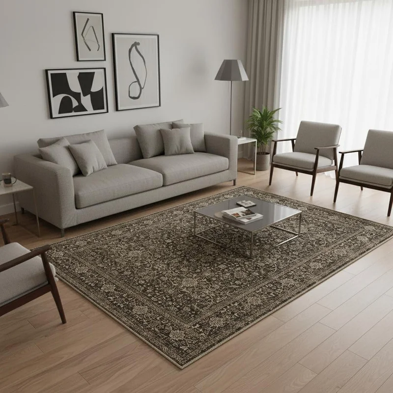 5 X 7 Brown And Beige Floral Medallion Washable Area Rug