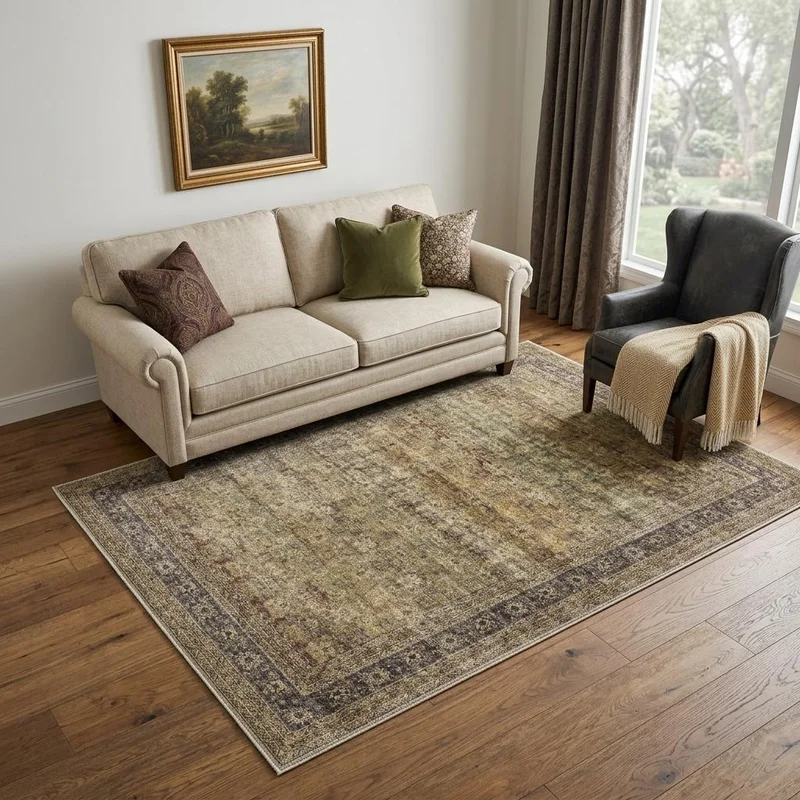 5 X 7 Brown Beige And Green Floral Medallion Washable Area Rug