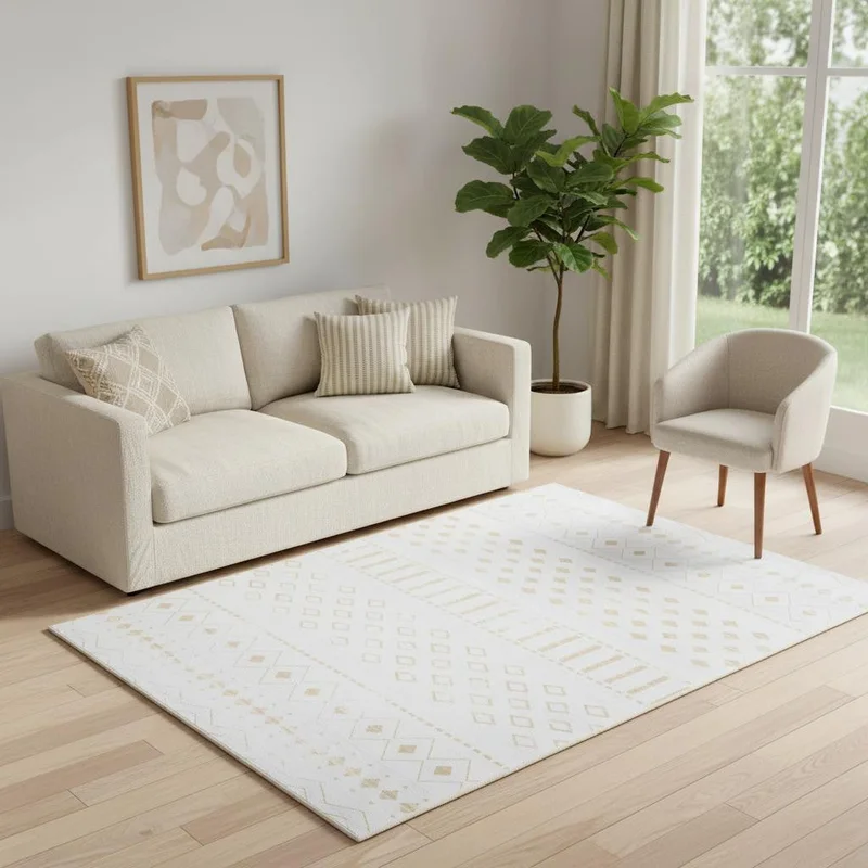 5 X 7 Gold And White Abstract Geometric Washable Area Rug