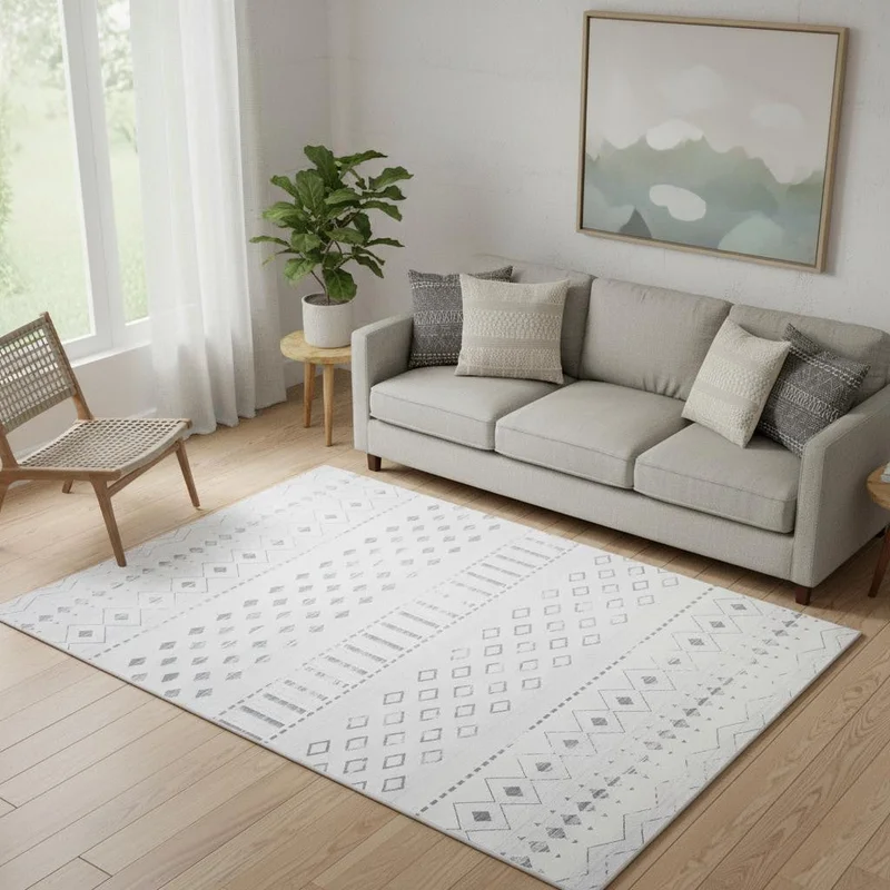 5 X 7 Off White And Gray Geometric Washable Area Rug
