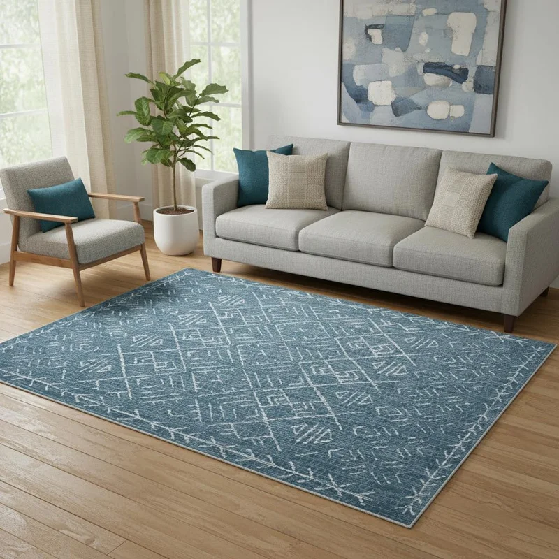 5 X 7 Teal And Off White Abstract Geometric Distressed Washable Area Rug