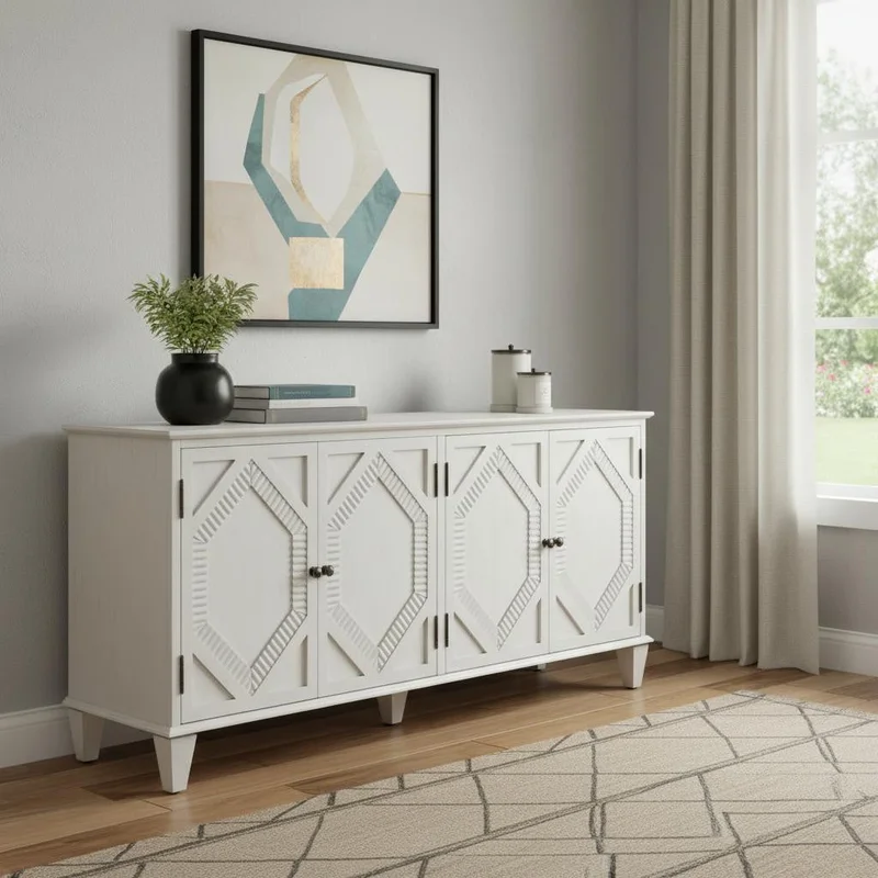 66 White Wood Carved Geometric Accent Cabinet With Four Doors