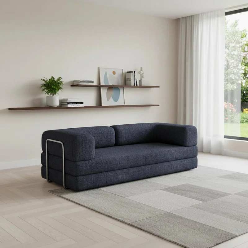 82 Blue Chenille Convertible Futon Sleeper Sofa