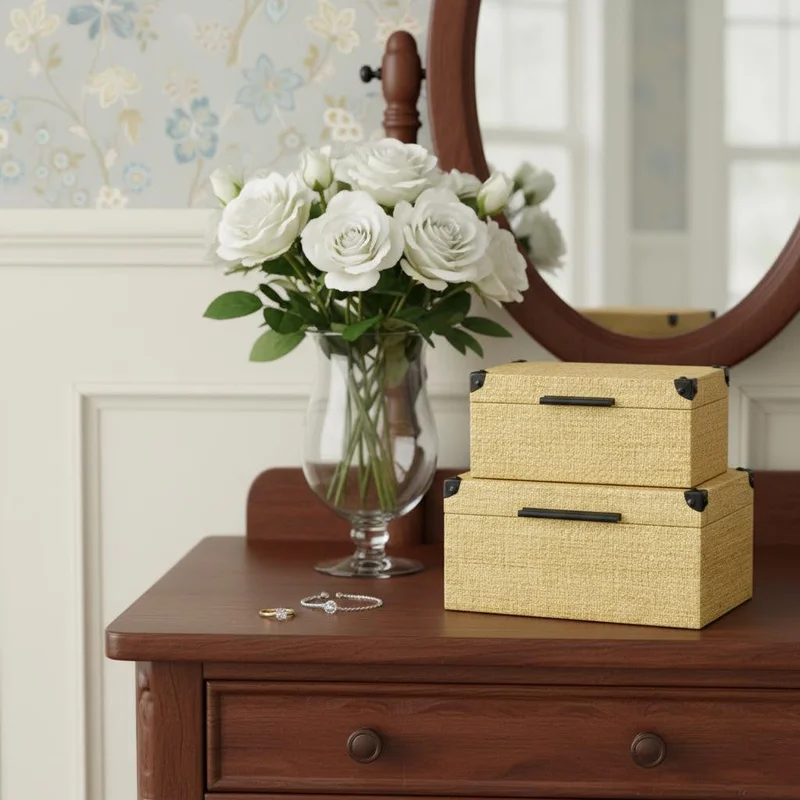 Set of Two Natural And Black Faux Rattan Nesting Storage Boxes With Lids