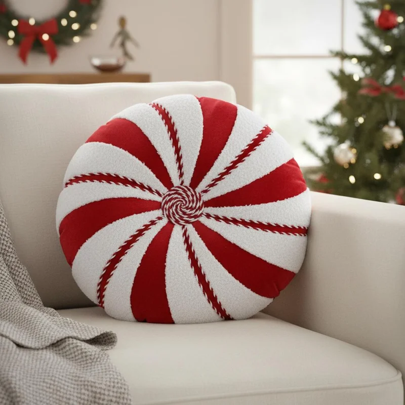 16 Red And White Cotton Velvet Round Christmas Striped Throw Pillow