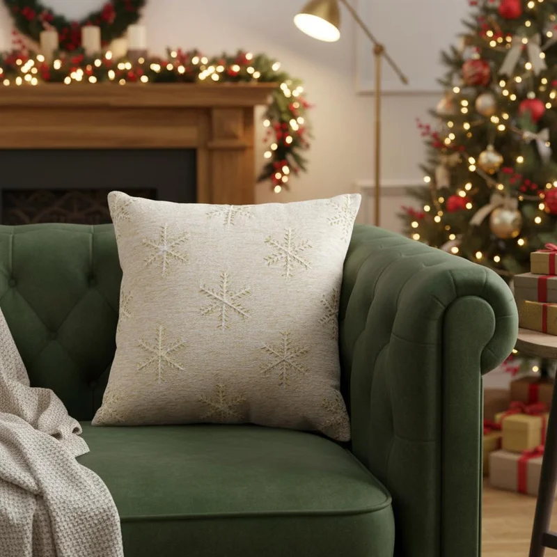 20 Natural And Gold Snowflakes Christmas Throw Pillow With Embroidery