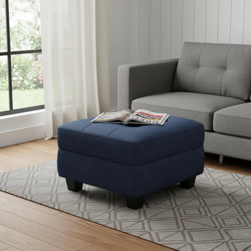 26 Blue and Black Solid Wood and Linen Tufted Storage Ottoman
