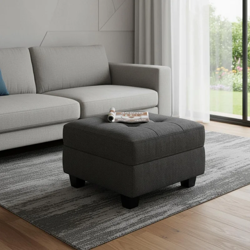 26 Gray and Black Solid Wood and Linen Tufted Storage Ottoman
