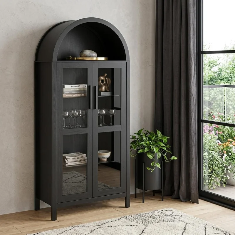 30 Black Wood Oval Accent Cabinet With Two Doors
