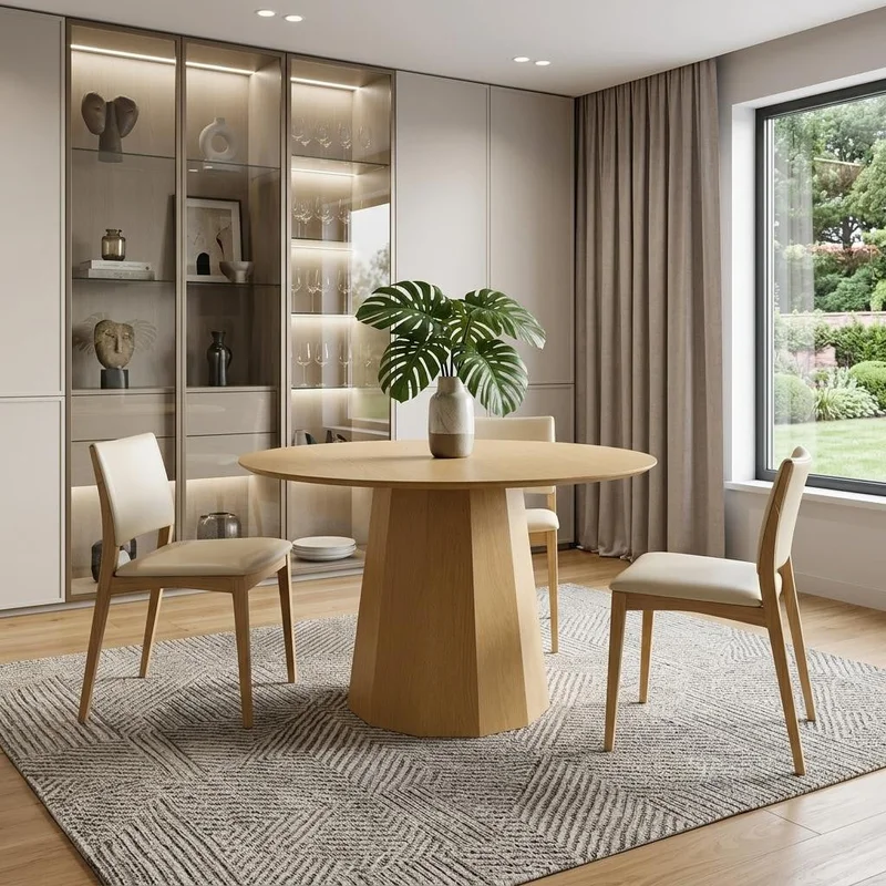 46 Oak Wood Pedestal Base Beveled Edge Round Top Dining Table
