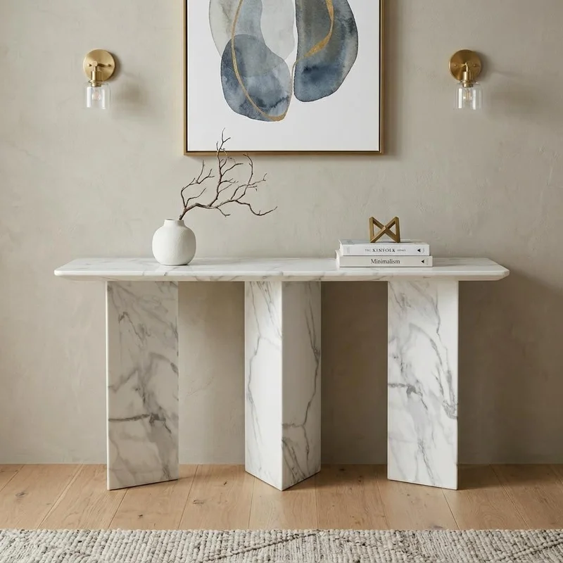 60 Gray and White Genuine Marble Three Leg Console Table