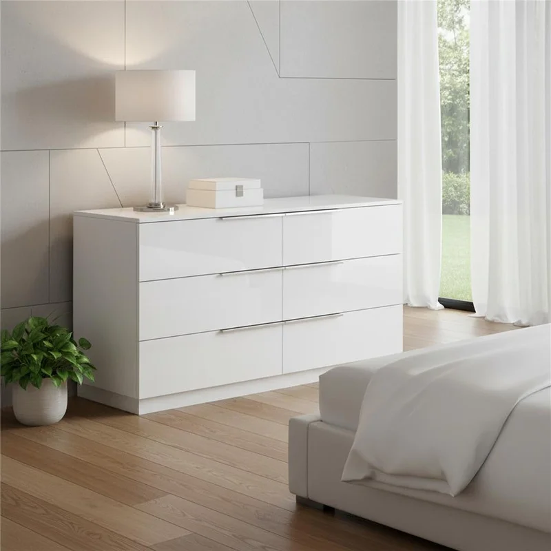 62 White Wood Six Drawer Double Dresser