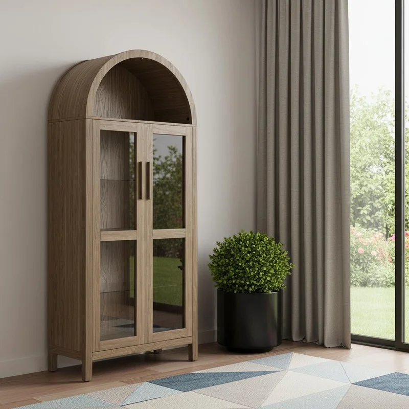 67 Brown Wood Oval Accent Cabinet With Two Doors