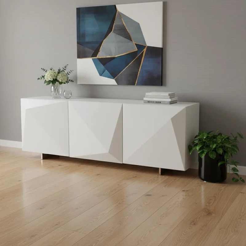 87 White Wood Carved Geometric Sideboard With Three Doors