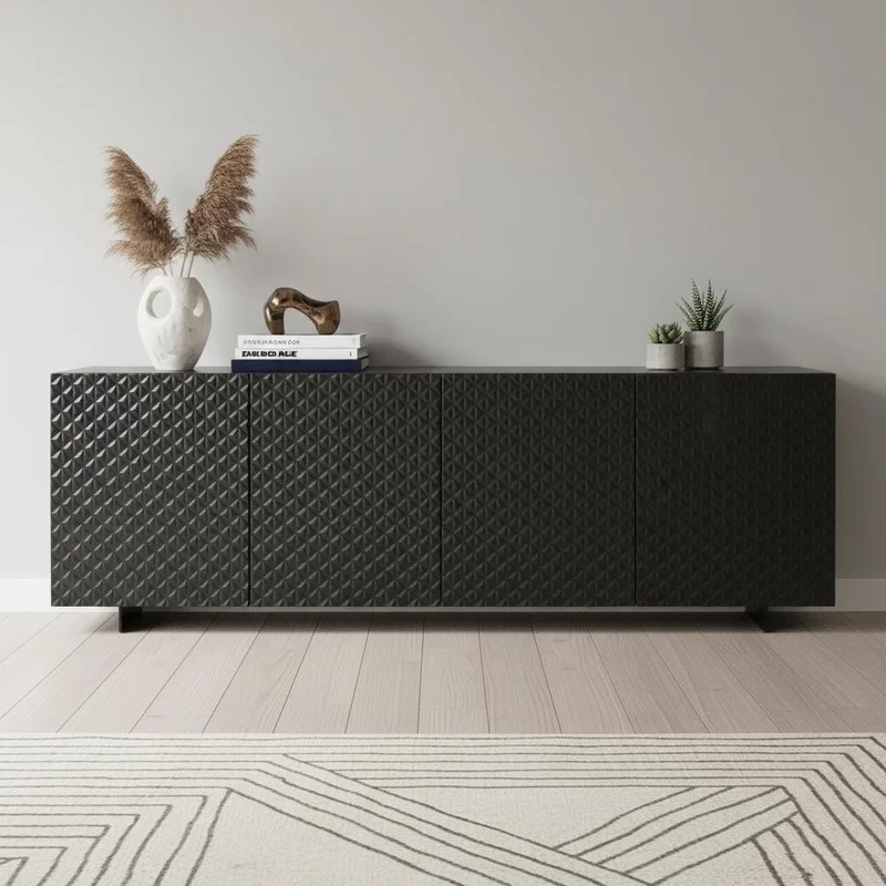 94 Dark Gray Wood Carved Geometric Sideboard With Four Doors