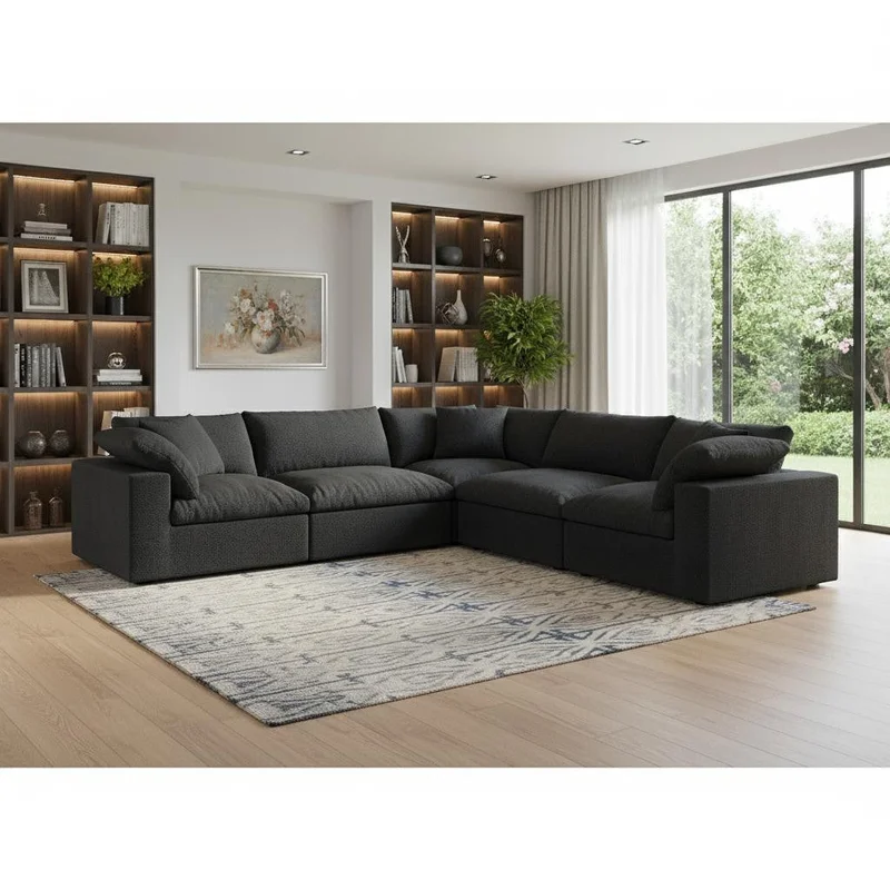 Black Linen Blend Modular L Shaped Five Piece Corner Sectional