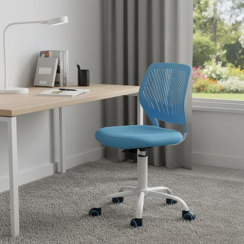 Blue and White Adjustable Height Swivel Rolling Office Chair