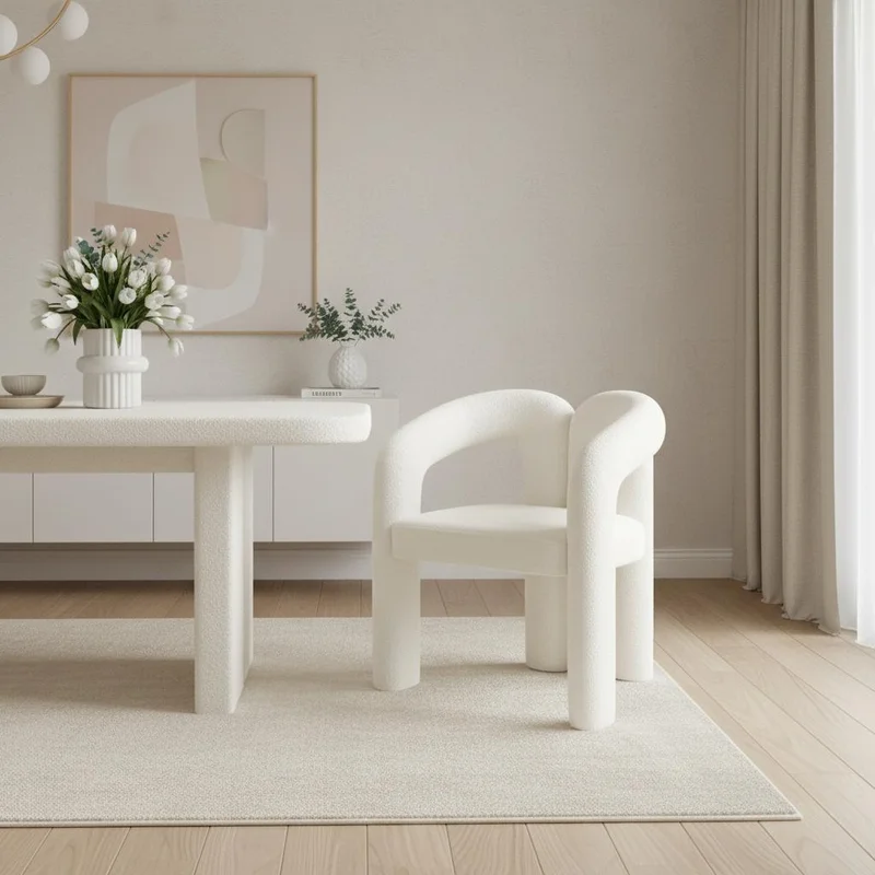 White Boucle Partially Open Back Dining Arm Chair