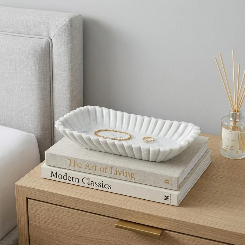 14 White Marble Fluted Oblong Tray