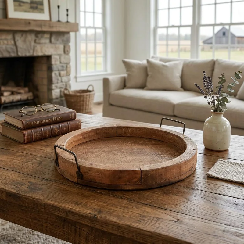15 Natural Solid Wood Handmade Round Serving Tray With Handles