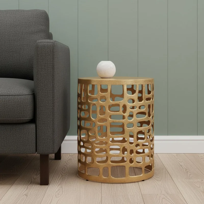 19 Gold Modern Abstract Cut Out Round Drum End Table