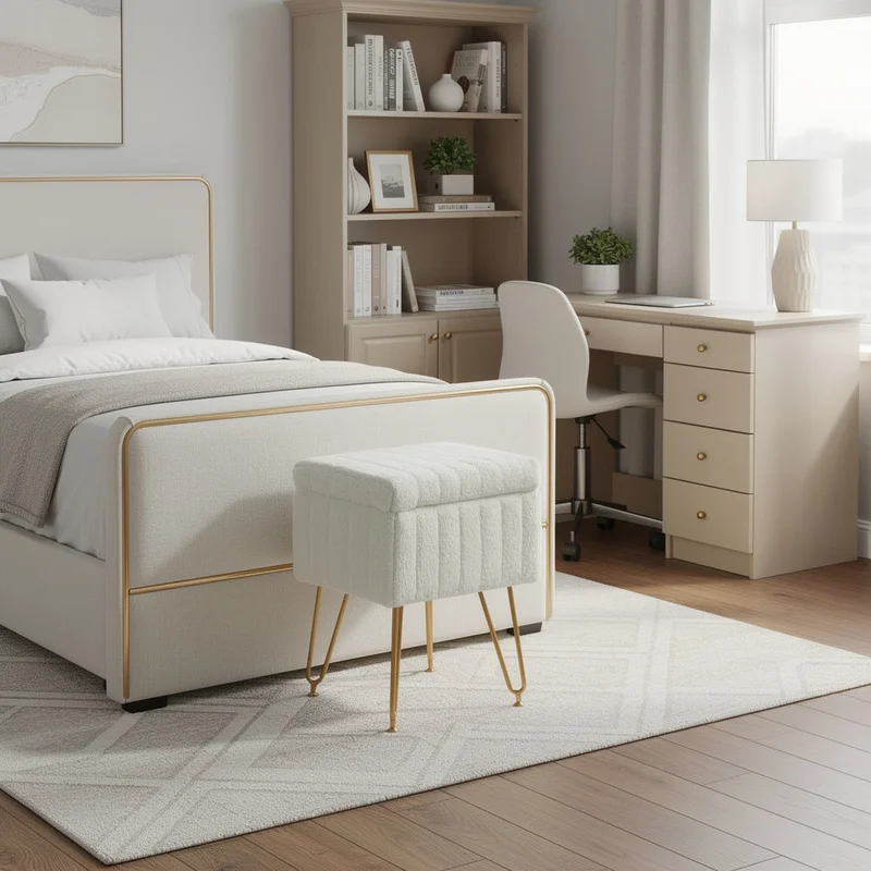 19 White and Gold Faux Fur Tufted Storage Ottoman