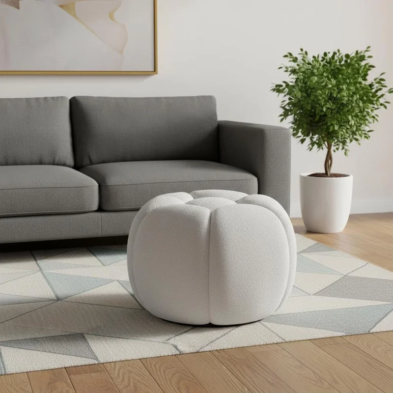19 White Tufted Boucle Round Ottoman