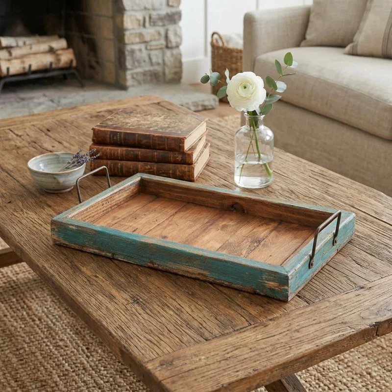 21 Natural And Turquoise Solid Wood Handmade Serving Tray With Handles