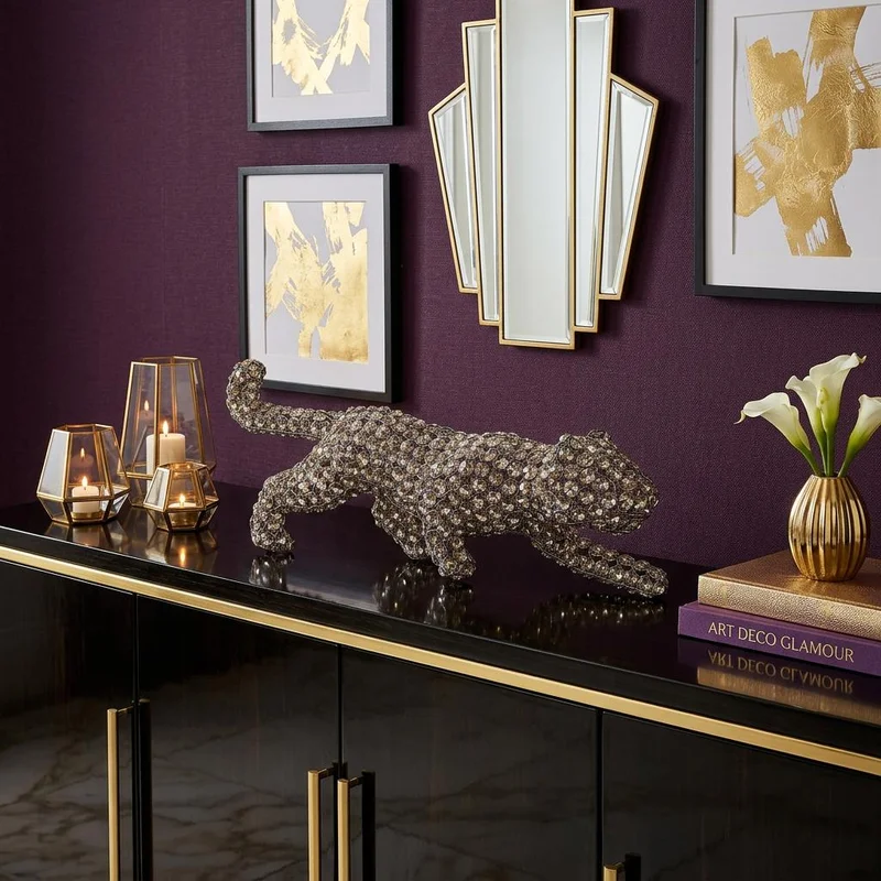 23 Silver And Clear Iron And Faux Crystal Panther Tabletop Sculpture