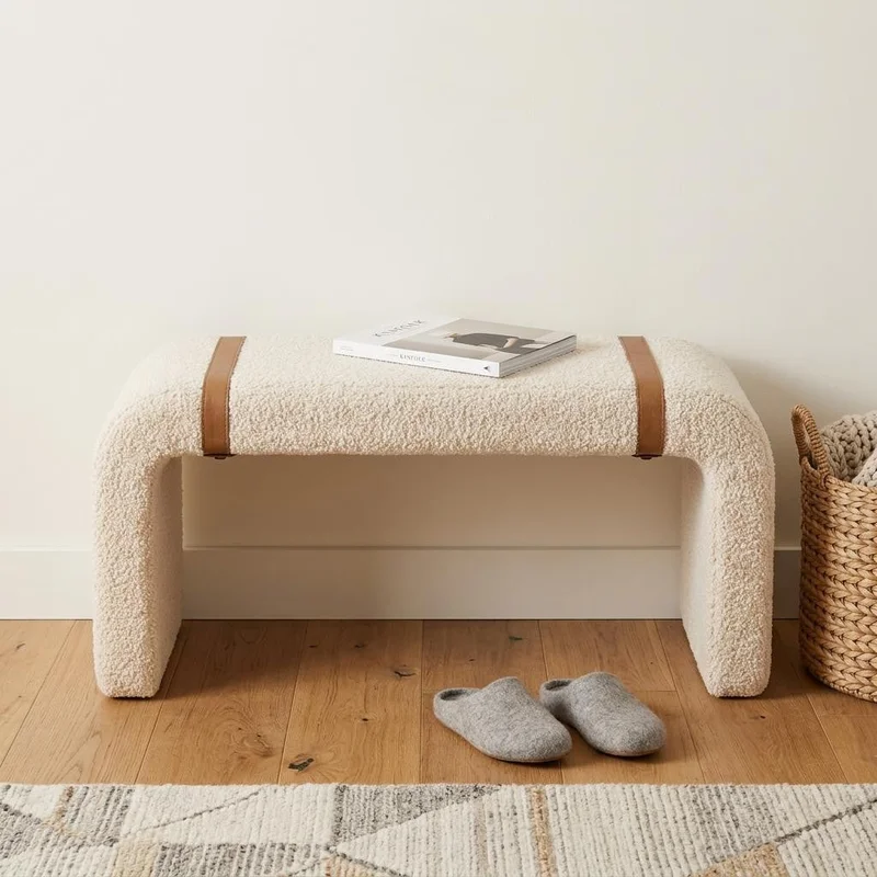 35 Beige and Brown Boucle and Leather Upholstered Bench