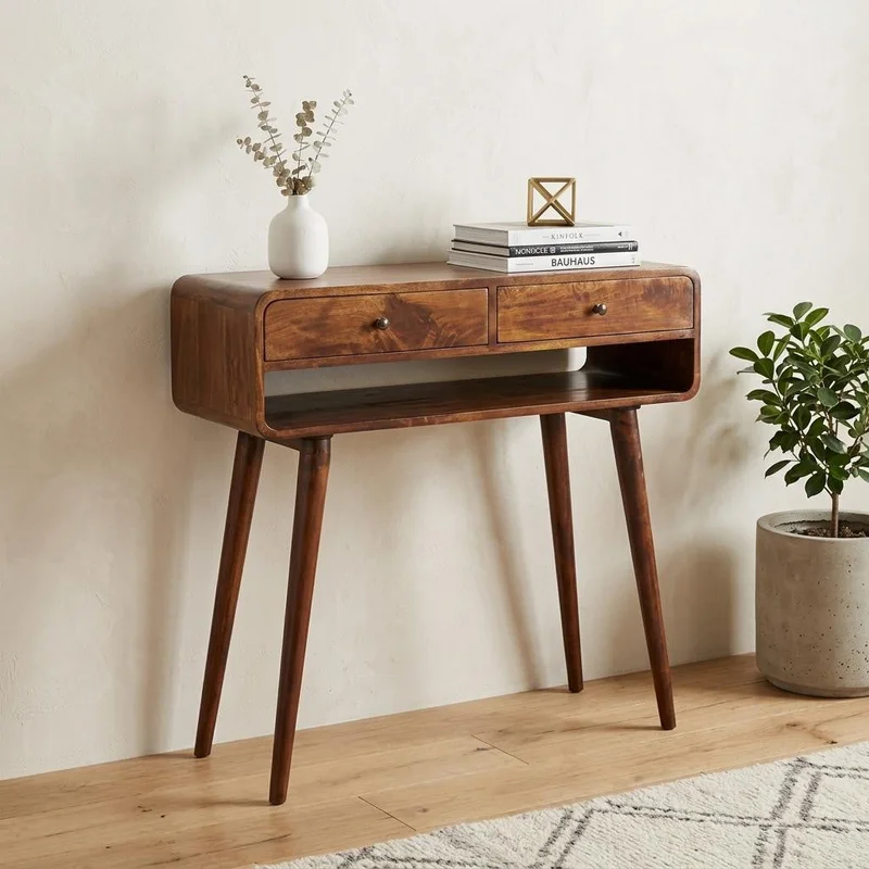 35 Chestnut Solid Wood Console Table With Shelf And Two Drawers