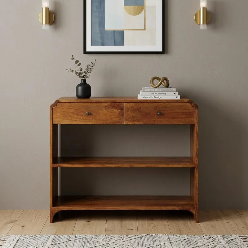 35 Chestnut Solid Wood Frame Console Table With Two Shelves And Two Drawers