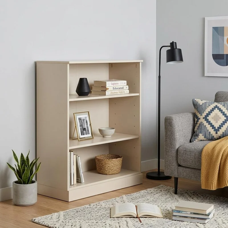 36 Beige Solid Wood Adjustable Three Tier Library Bookcase