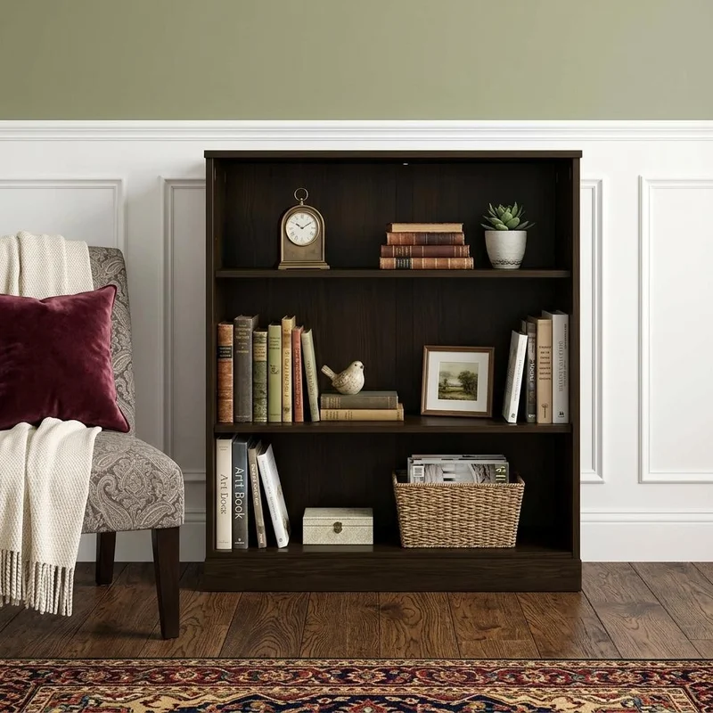 36 Espresso Solid Wood Adjustable Three Tier Library Bookcase
